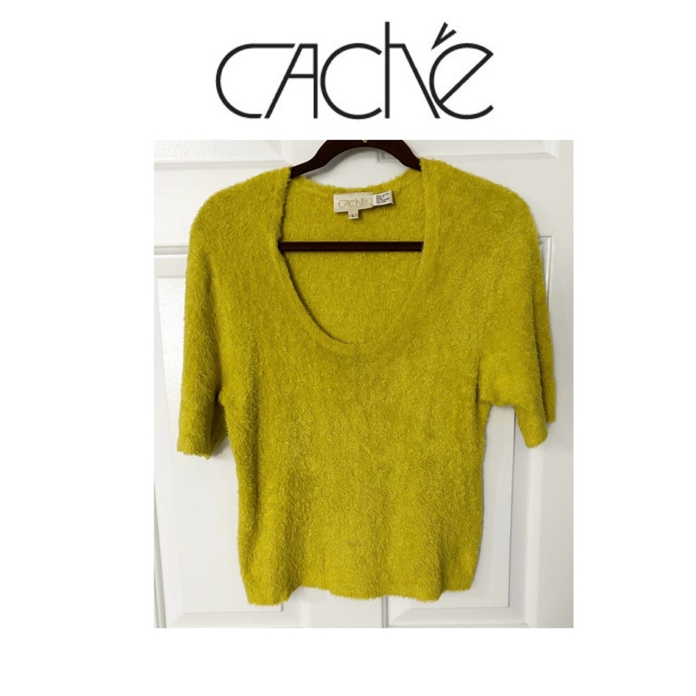 Cache Neon Green Short Sleeve Cropped Sweater, SUPER SOFT, Womens Size Large